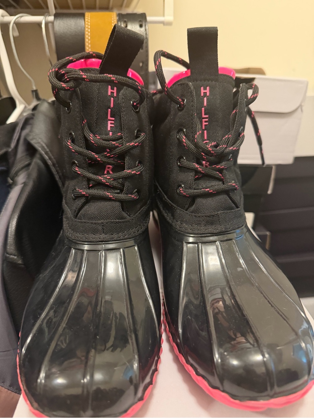 Tommy Hilfiger Black Duck Boots with Pink Accents